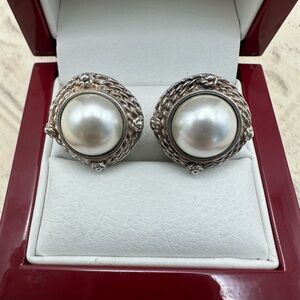 Sterling Silver 925 Pearl Earring Round Clip Cabochon Rope Dome Button Bezel Vtg